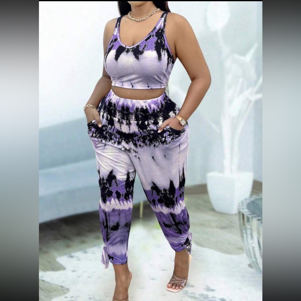 🆕 Purple & White Tye Dye Crop Top & Crop Pants!!! Plus sized 18 (2X) Brand NEW!